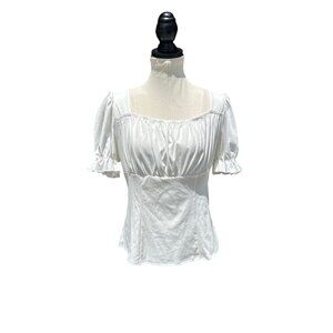 Womens  Sz L White Milkmaid Top Puff Sleeves Cottagecore Peasant Top